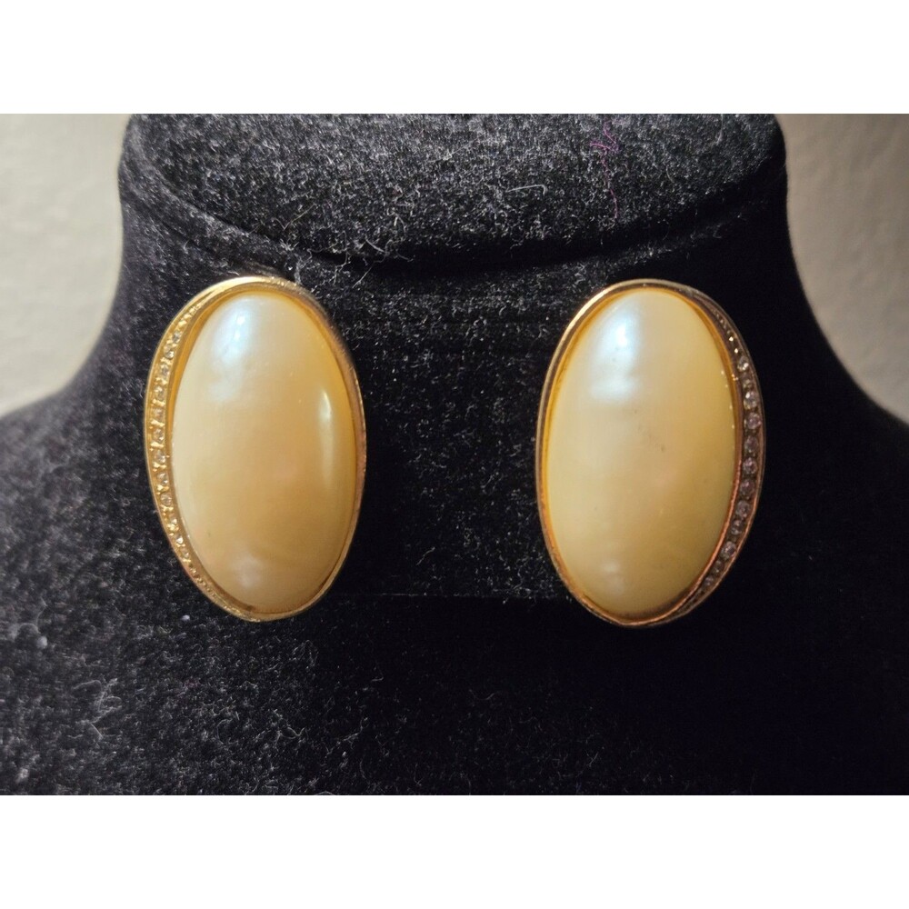Vintage Gold-toned Oval Faux Pearl Clip-on Earrings With Rhinestone Accents